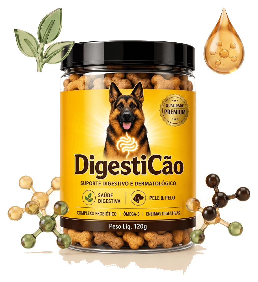 Pote de DigestiCão rodeado por folhas, gota de ômega-3 e moléculas, ilustrando os ingredientes do petisco funcional