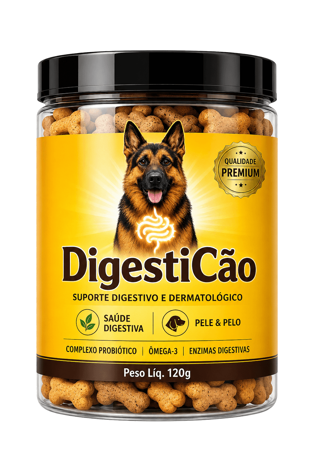 Pote de DigestiCão, petisco funcional para cães com complexo probiótico, ômega-3 e enzimas digestivas